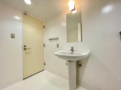 a white bathroom with a sink and a mirror at 彩光堂Village KAME101&202 in Tokyo
