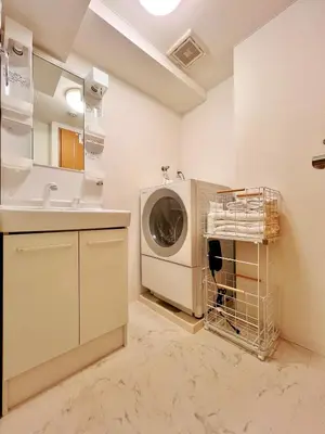 a laundry room with a washing machine and a sink at Skyterrace Love Asakusa Downtown in Tokyo