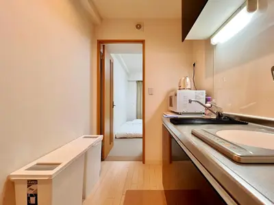 a bathroom with a sink and a microwave at Skyterrace Love Asakusa Downtown in Tokyo