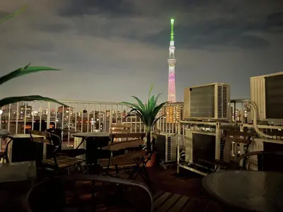 a view of the eiffel tower from a rooftop restaurant at All room Skytree view hotel-Near Ryukoku,Asakusa,kinshicho in Tokyo