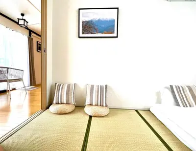 a living room with a couch with pillows on the floor at \u65b0\u5bbf\u533a\u65e9\u7a3b\u7530\u5730\u94c16\u5206\u949f\u4e24\u5ba4\u666f\u89c2\u516c\u5bd3 in Tokyo
