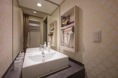 a bathroom with a white sink and a mirror at Hotel Plantan - Adult Only in Tokyo