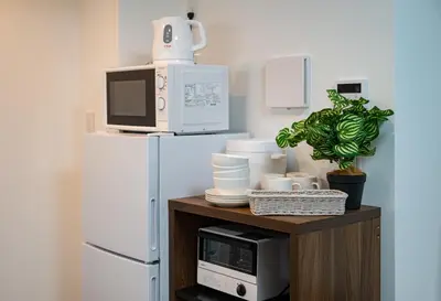 a microwave sitting on top of a wooden stand next to a refrigerator at Hotel the World Omori in Tokyo