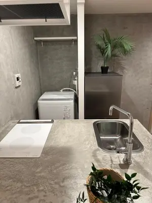 a kitchen counter with a sink and a plant at Style Lab\u5317\u5343\u4f4f in Tokyo