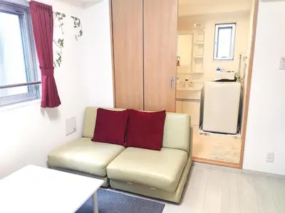 a living room with a couch with two red pillows at EMILIO158 - Quiet residential area near Shinjuku Free Wi-Fi in Tokyo