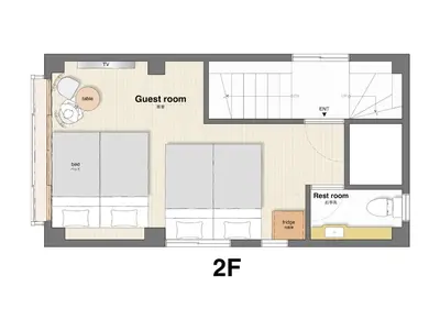 a floor plan of the guest room of a house at \u53f0\u6771\u533a\u6d45\u8349\u3082\u3059\u3050,\u6700\u592710\u540d\u8cb8\u52073\u968e\u5efa\u3066,\u30b9\u30ab\u30a4\u30c4\u30ea\u30fc\u307e\u3067\u5f92\u6b6910\u5206,\u5168\u5ba4Chromecast\u5b8c\u5099,WonderfulStayTOKYO SKYTREE in Tokyo