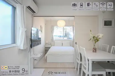 a small room with a bed and a table and a window at Mi-Ochiai Soluna White in Tokyo