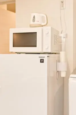a microwave sitting on top of a refrigerator at Mi-Ochiai Soluna White in Tokyo