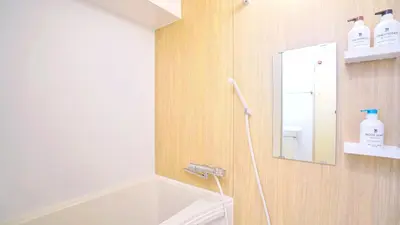 a bathroom with a bath tub and a mirror at CowCow Hotel Shinjuku in Tokyo