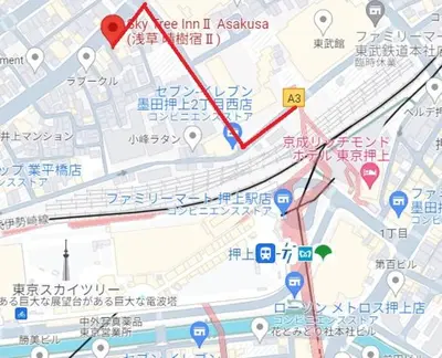 a map with a red line on it at Sky Tree INN Ⅱ（晴樹宿Ⅱ） in Tokyo