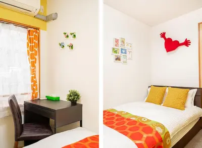 two images of a bedroom with a bed and a desk at \u4e21\u56fd\u99c5\u524d in Tokyo