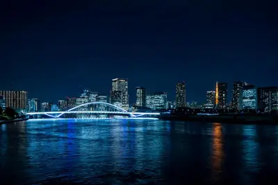 a city skyline at night with a bridge over the water at Hotel Suzumeya Tsukiji \u30db\u30c6\u30eb\u3059\u305a\u3081\u3084\u7bc9\u5730 in Tokyo