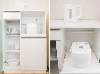 two views of a kitchen with white shelves at Shinjuku Takadanobaba 6 mins walk 2BR Room301 in Tokyo