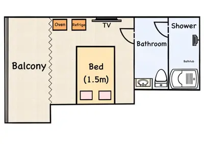a floor plan of a small house with a bed and a door at \u8fd1\u79cb\u53f6\u539f\u4e1c\u4eac\u4e2d\u5fc3\u8c6a\u534e\u5927\u5e8a\u623fKGob \u8f66\u7ad92\u5206 4\u7ad9\u53ef\u7528 \u914d\u5962\u534e\u6234\u68ee \u9002\u54082\u4eba in Tokyo