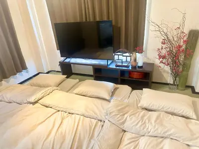 a bed with pillows in a room with a television at 2\u540d\u69d8\u306b\u304a\u3059\u3059\u3081 \u5c71\u624b\u99d2\u8fbc\u99c5\u5f92\u6b693\u5206 Switch\u4ed8\u304d\u6c60\u888b\u65b0\u5bbf\u79cb\u8449\u539f\u4e0a\u91ce\u6d45\u8349\u6e0b\u8c37 in Tokyo