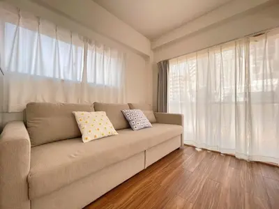 a living room with a couch with two pillows on it at Home Stroy in Tokyo-VENTI Okachimachi \u6771\u4eac\u5c4b\u8a9e in Tokyo