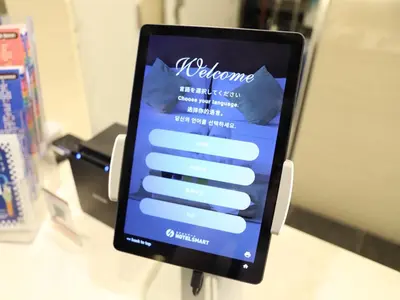 a tablet computer sitting on top of a table at HOTEL BRILLIO ASAKUSABASHI in Tokyo