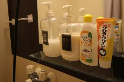 a bathroom shelf with several bottles of detergent and bleach at \u3010 \u30c7\u30a3\u30ba\u30cb\u30fc\u3078\u697d\u3061\u3093\u306a\u90e8\u5c4b\u3011\u8eca\u306711\u5206\uff0a\u30b3\u30f3\u30d3\u30cb\u3042\u308a\uff01\u6771\u4eac\u30e1\u30c8\u30ed\u845b\u897f\u99c5\u304b\u3089\u5f92\u6b695\u5206\uff01 in Tokyo