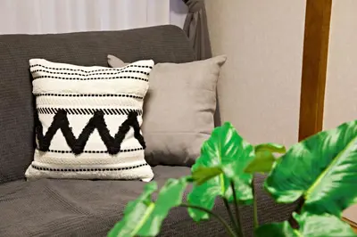 a pillow sitting on a couch with a plant at \u6885\u5c4b\u6577\u8cb8\u6238\u5efa in Tokyo