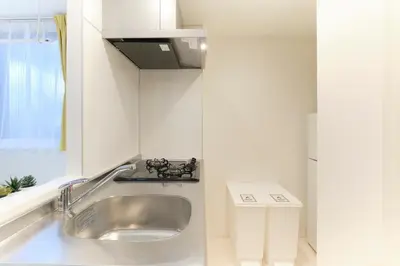 a kitchen with a stainless steel sink and a window at Hotel Dieu Nakanobu by Tranova in Tokyo