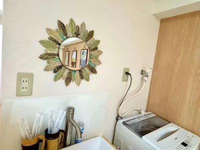 a bathroom with a mirror and a washing machine at \u65b0\u5bbf\u4e2d\u5fc3 \u5927\u4e45\u4fdd\u99c53\u5206\u949f \u8d85\u7ea7\u5546\u5708\u4ea4\u901a\u67a2\u7ebd \u6b65\u884c\u76f4\u8fbe\u65b0\u5bbf\u6b4c\u821e\u4f0e\u753a \u4e58\u5750\u5c71\u624b\u7dda\u76f4\u8fbe\u4e0a\u91ce\u6e0b\u8c37\u9280\u5ea7\u6d45\u8349 \u6700\u59274\u4eba in Tokyo