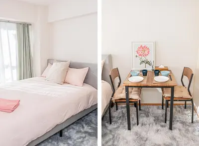 a bedroom and a dining room with a bed and a table at \u65b0\u5bbf\u533a\u6b4c\u821e\u4f0e\u753a\u8212\u9002\u623f\u6e90\u514d\u8d39Wi-Fi#03 in Tokyo