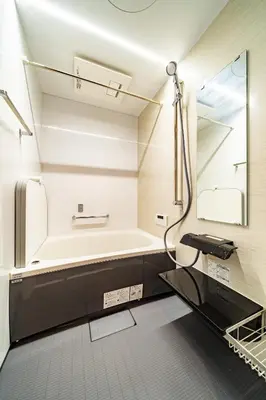a bathroom with a tub and a large mirror at 56, Horikiri-Syobuen, Detached House for Rent, \u5800\u5207\u83d6\u84b2\u5712 in Tokyo