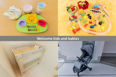 a collage of three pictures of toys and a stroller at HOTEL Dining Plus - Vacation STAY 39103v in Tokyo