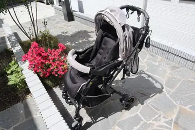a baby stroller sitting next to some pink flowers at L\uff06L\uff08Love\uff06Life\uff09 in Tokyo