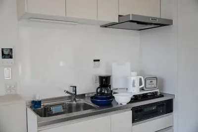a kitchen with a sink and a stove top oven at Casa401 \u6700\u5bc4\u99c5\u5f92\u6b691\u5206 \u6d45\u8349 \u79cb\u8449\u539f\u8fd1\u304f \u6771\u4eac\u89b3\u5149\u306b\u6700\u9069 \u7a7a\u6e2f\u30a2\u30af\u30bb\u30b9\u826f\u597d \u7121\u6599WIFI in Tokyo