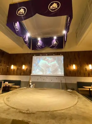 a stage with a large screen in a room at Casa401 \u6700\u5bc4\u99c5\u5f92\u6b691\u5206 \u6d45\u8349 \u79cb\u8449\u539f\u8fd1\u304f \u6771\u4eac\u89b3\u5149\u306b\u6700\u9069 \u7a7a\u6e2f\u30a2\u30af\u30bb\u30b9\u826f\u597d \u7121\u6599WIFI in Tokyo