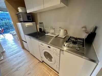 a kitchen with a washing machine and a refrigerator at GRASS BLDG 401 in Tokyo