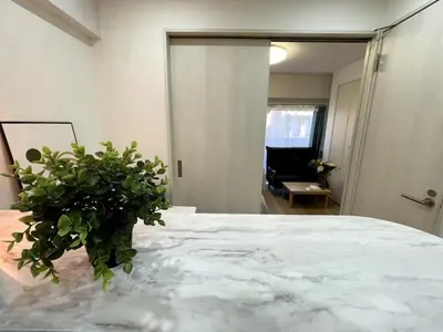 a plant sitting on top of a bed in a room at Nishi-Ike Apartment Room 2 in Tokyo