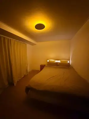 a bedroom with a bed with a light on the ceiling at Home SHINJUKU west 101 in Tokyo