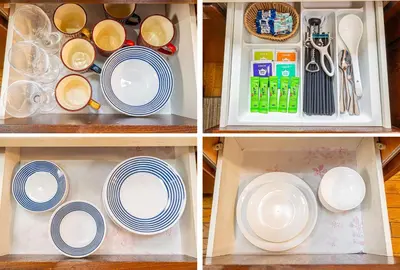 four pictures of plates and utensils in a drawer at KYARA Hotel\u30df\u30b9\u30df401 in Tokyo