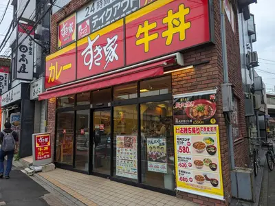 a restaurant with signs on the side of a building at 7House in Tokyo
