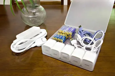a white plastic container with a bunch of wires and scissors at \u6885\u5c4b\u6577\u8cb8\u5bb6 in Tokyo