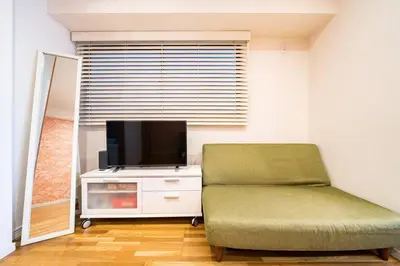 a living room with a couch and a television at Shibuya sta 3min\u30fbcenter area\u30fbSwitch\u30fbPocket Wi-Fi in Tokyo