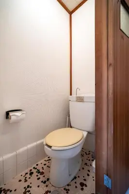a bathroom with a white toilet with a wooden door at Lucky Horikiri - \u30e9\u30c3\u30ad\u30fc\u5800\u5207 in Tokyo