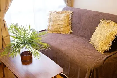 a brown couch with a plant on a table at NH Buil 7F in Tokyo