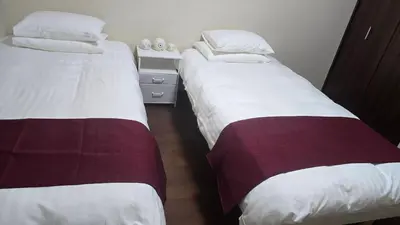 two twin beds in a small room withskirts at MEZON DE OAK Shin-Okubo in Tokyo