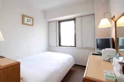 a hotel room with a bed and a desk and a window at Smile Hotel Sugamo in Tokyo