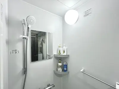a bathroom with a shower and a mirror at Aizumi Hostel-SJ0193 in Tokyo