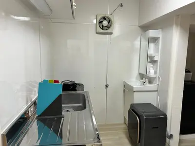 a small kitchen with a sink and a counter at Riverside Omori in Tokyo