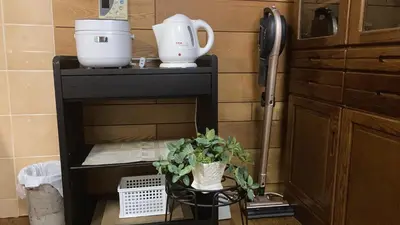 a kitchen with two appliances on a shelf with a plant at Guesthouse cherry in Tokyo