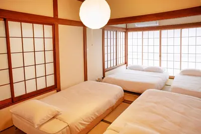a room with three beds and two windows at 1stop to Shibuya station Japanese traditional house in Tokyo