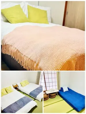 a collage of three pictures of a bed at \u685cHome in Tokyo
