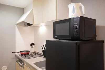 a microwave on top of a refrigerator in a kitchen at Walk to Kuramae Subway Stop EoYi in Tokyo