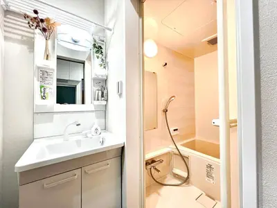 a bathroom with a sink and a shower at AX-Ojima House-KT0175 in Tokyo