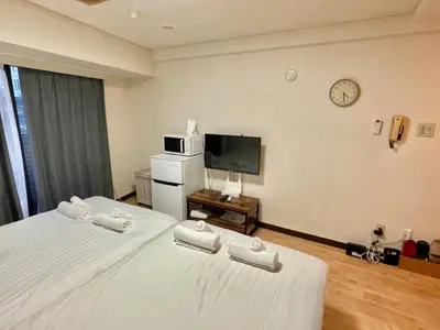 a hotel room with two beds and a tv at Dainess Ichibankan Shibuya in Tokyo